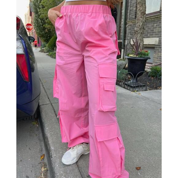 Goldhinge Pants - Goldhinge Women’s Barbie Pink Utility Cargo Nylon Stretch‎ Adjustable Pants Sz S